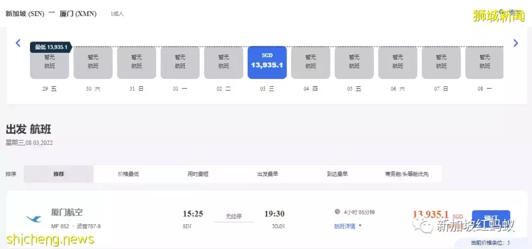 新加坡飞中国单程机票飙破1万新元，还一票难求