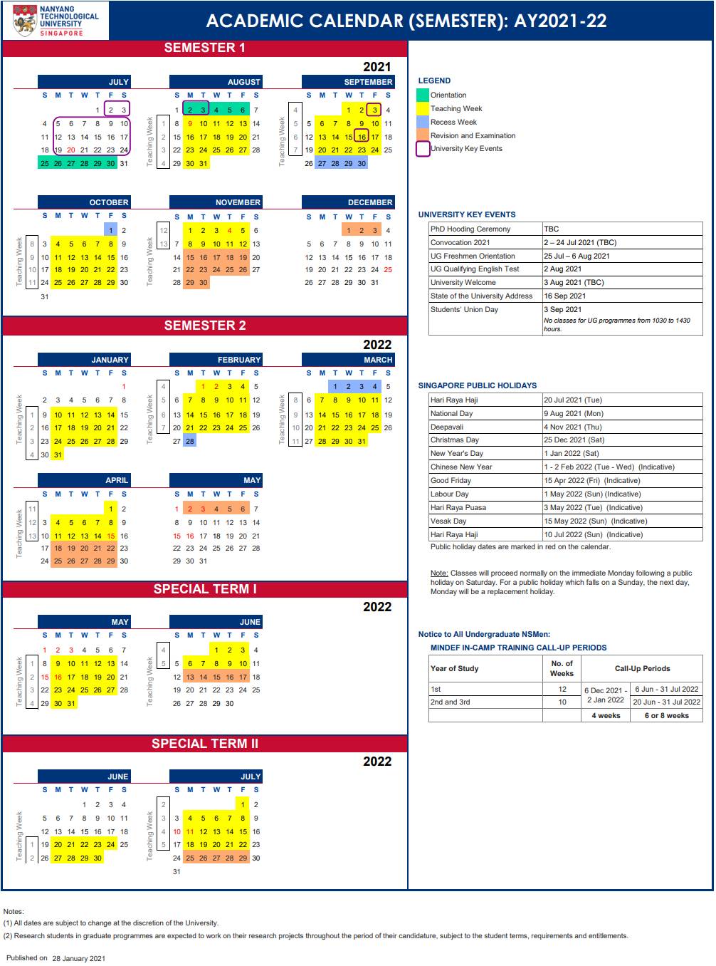 南洋理工大学 AY21/22校历及下半年重点日程活动安排