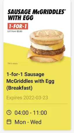 終于等到你！Sausage McGriddles with Egg買一送一 ！單個不到3新幣