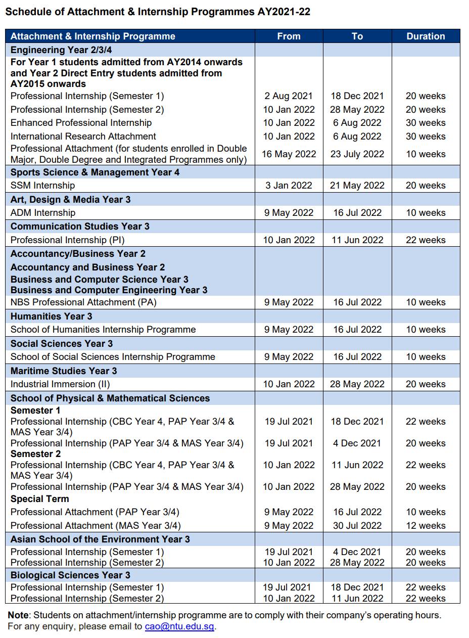 南洋理工大学 AY21/22校历及下半年重点日程活动安排