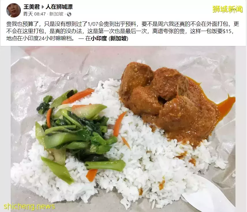 “在新加坡买了一菜一肉杂菜饭，花掉我15块钱！”