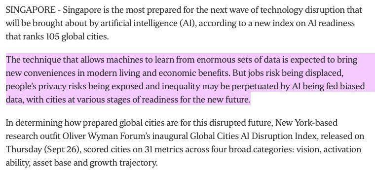 新指数显示，新加坡在105个最容易进行人工智能变革的城市中名列前茅