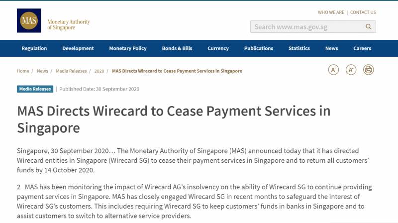 注意！新加坡金管局终止德国支付公司Wirecard付款服务