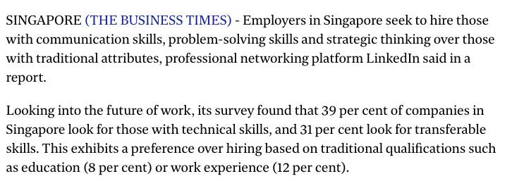 新加坡本地雇主倾向于聘请具有解决问题能力和战略思维的人