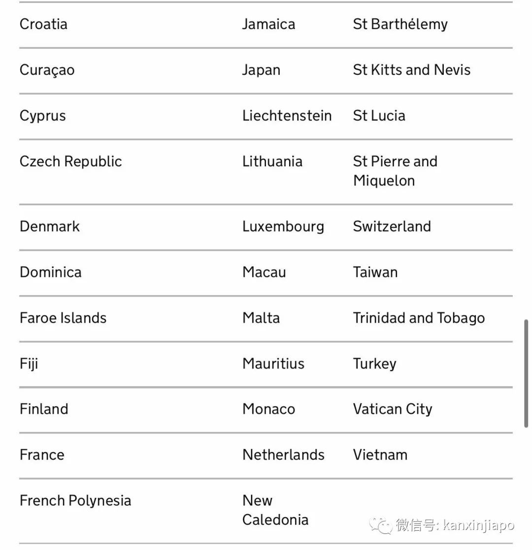 英国列新加坡为疫情低风险国家，公布入境免隔离名单