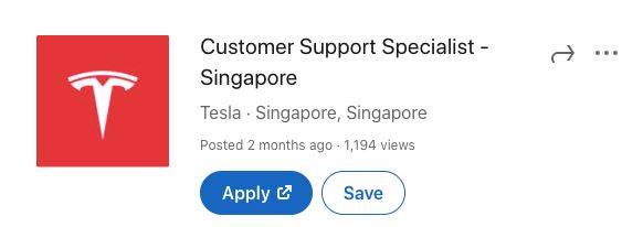 特斯拉 (Tesla) 准备进军新加坡，目前正在招聘员工