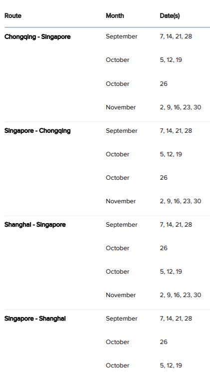 新加坡10月航班计划出炉，飞中国这个城市最便宜