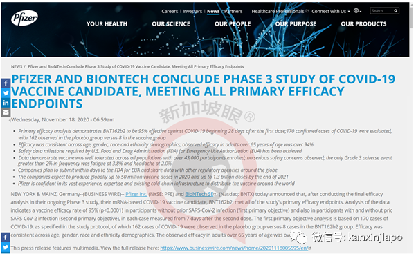 辉瑞：候选疫苗有效率为95％，无严重安全隐患