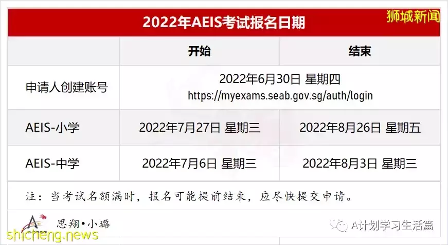 2022年新加坡国际生入学考试，AEIS 中学7月6日，AEIS 小学7月27日起申请