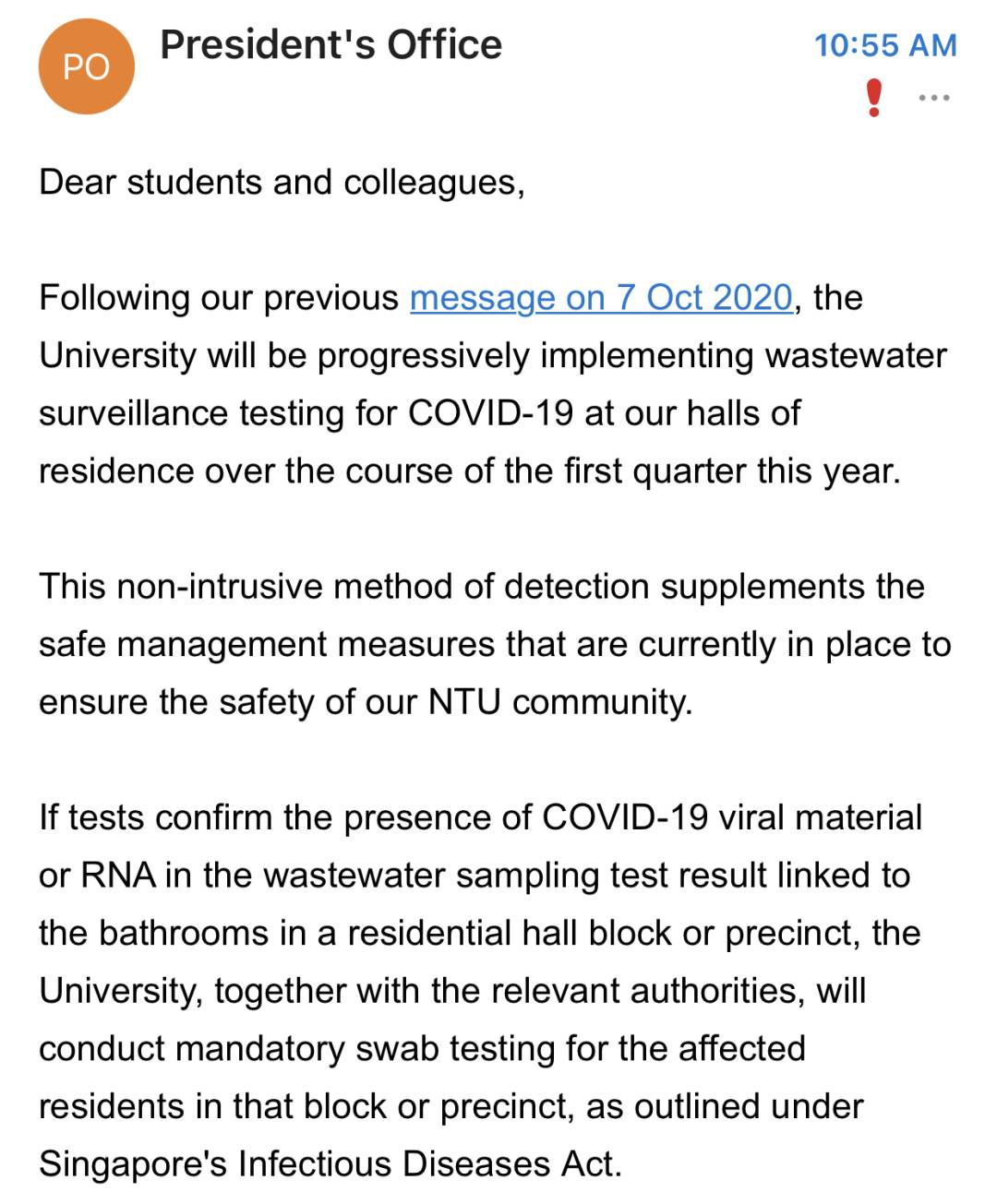 NTU 实行废污水检测，若发现病毒将全员强制拭子测试