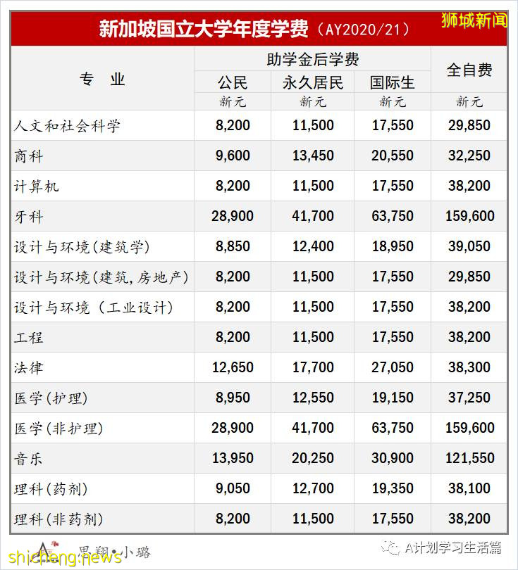 新加坡各类学校学费汇总（AY2020/21）