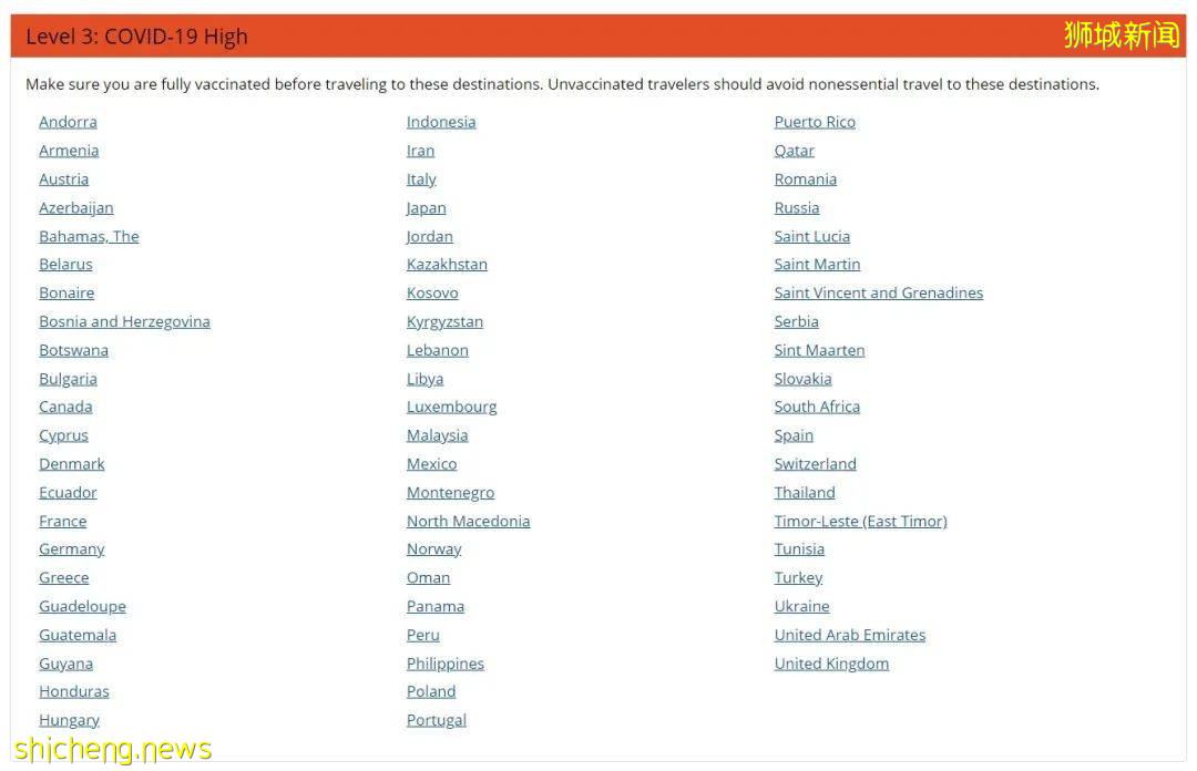 美国疾控中心放宽针对全球百多个国家地区的旅行健康通知，新加坡和中国位列第一级