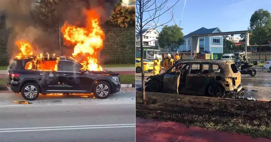 熊熊大火！黑煙沖天！新加坡奔馳車起火，母子倆死裏逃生