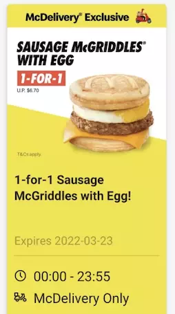 終于等到你！Sausage McGriddles with Egg買一送一 ！單個不到3新幣