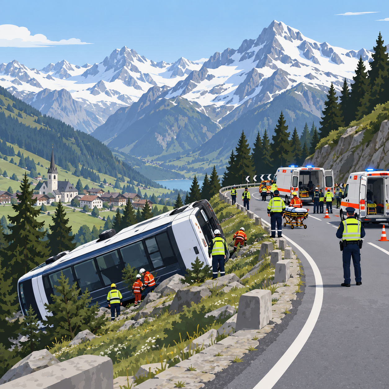 瑞士阿尔卑斯山区旅游巴士翻覆致5人死亡