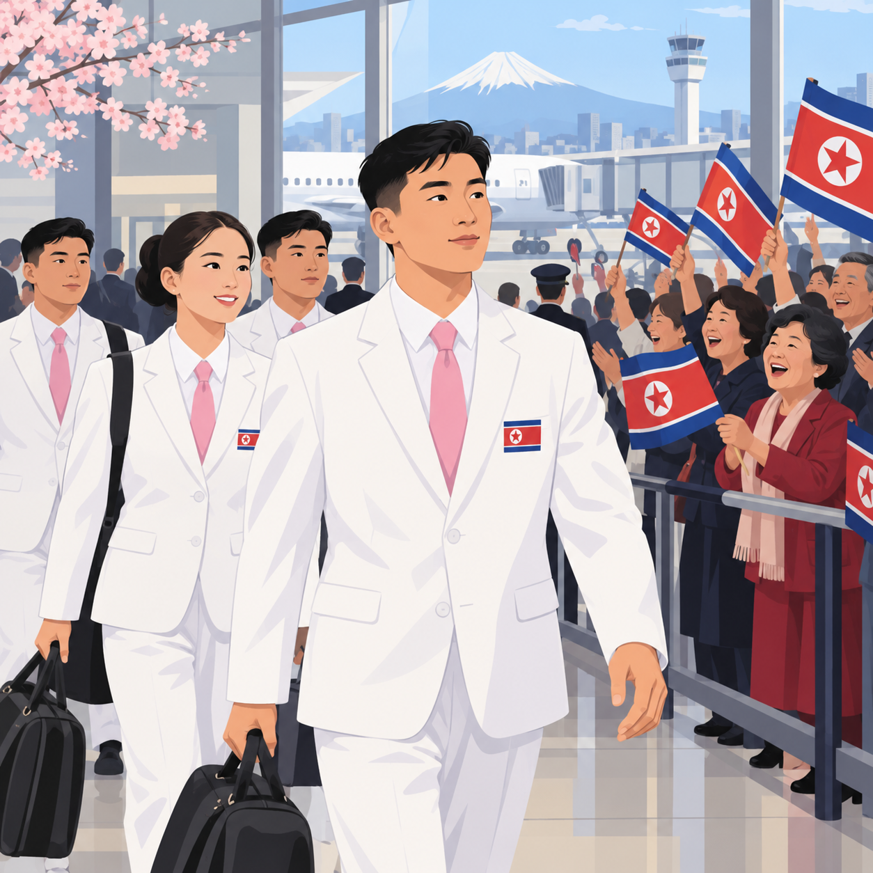 朝鲜运动员身穿白西装粉红领带抵达日本参加亚运会
