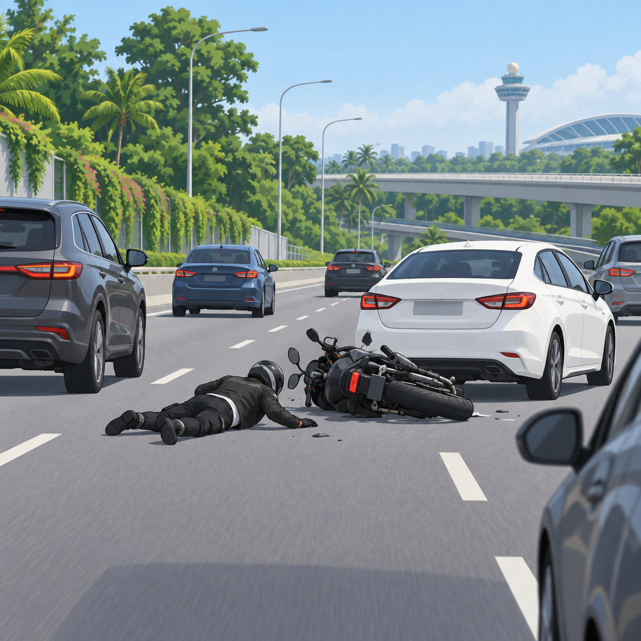PIE往樟宜方向摩托车骑士紧急刹车翻倒，撞上前车