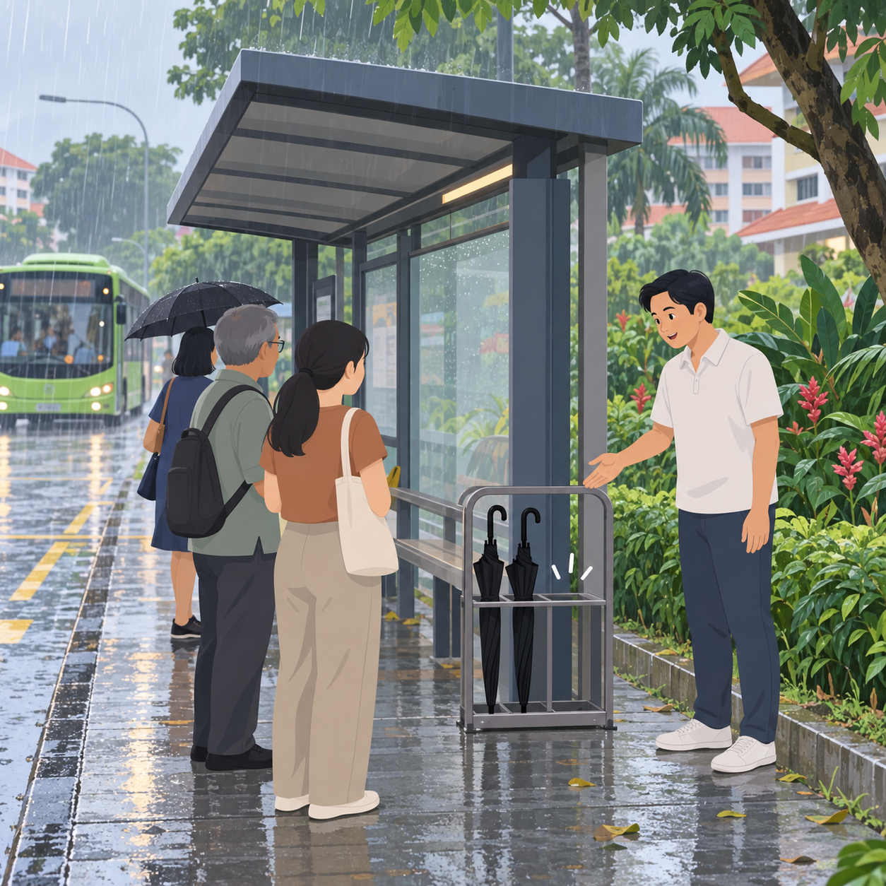 林志明在Jalan Kayu巴士站试行共享雨伞架