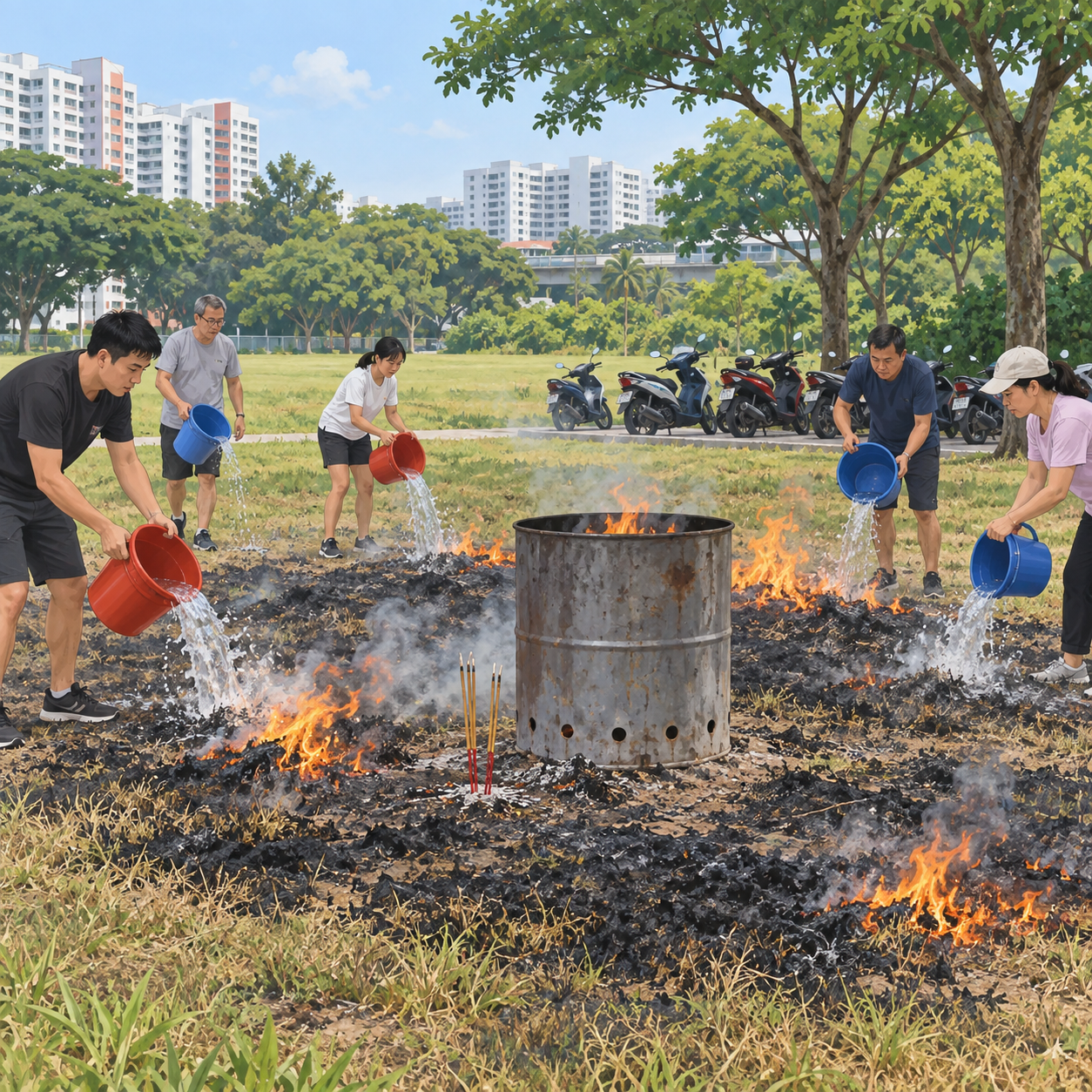 实龙岗北部一片草地起火，公众用水桶将火扑灭