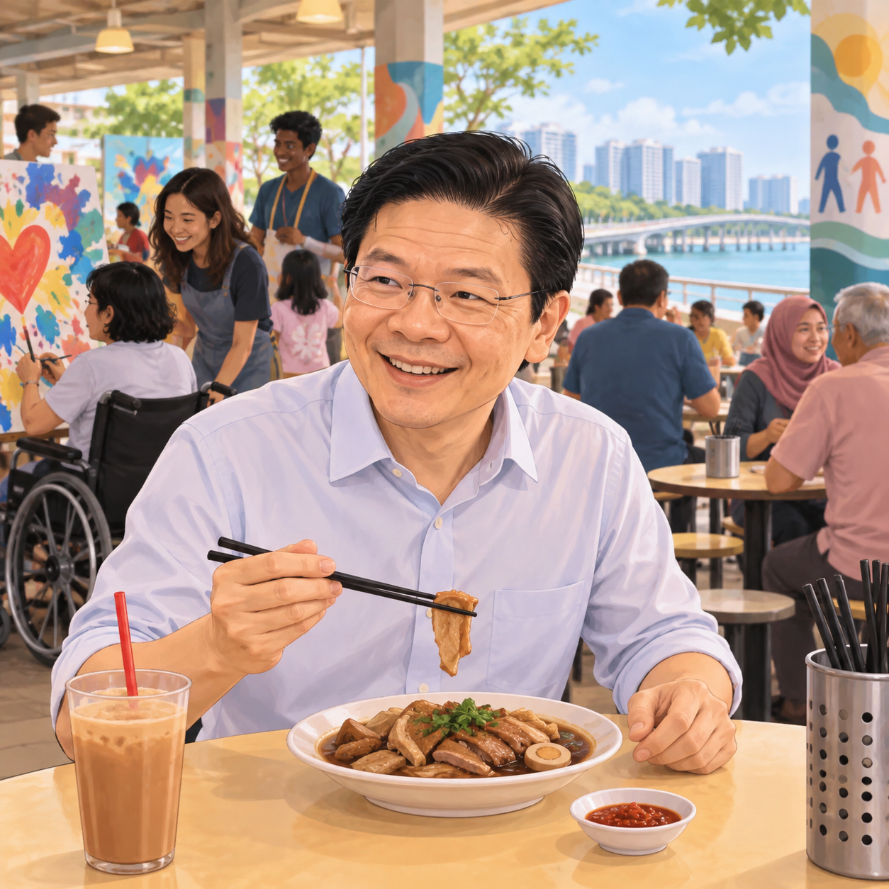 黄循财参与共融艺术节后到榜鹅海岸熟食中心品尝粿汁