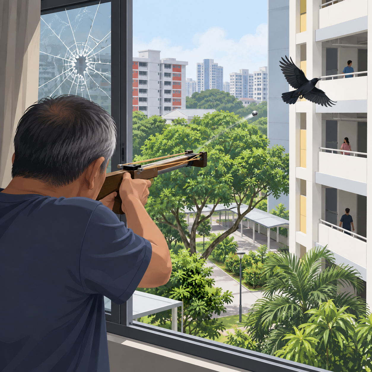 59岁男子在中峇鲁用自制弩射击乌鸦，击损组屋窗户