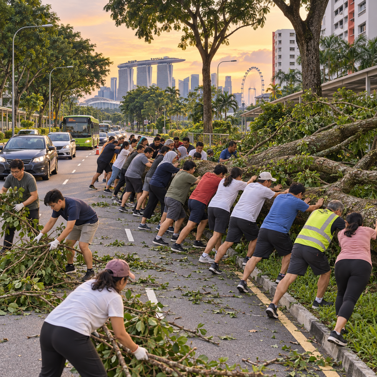 麦波申路树木倒塌，至少20名路人合力移树疏通一条车道