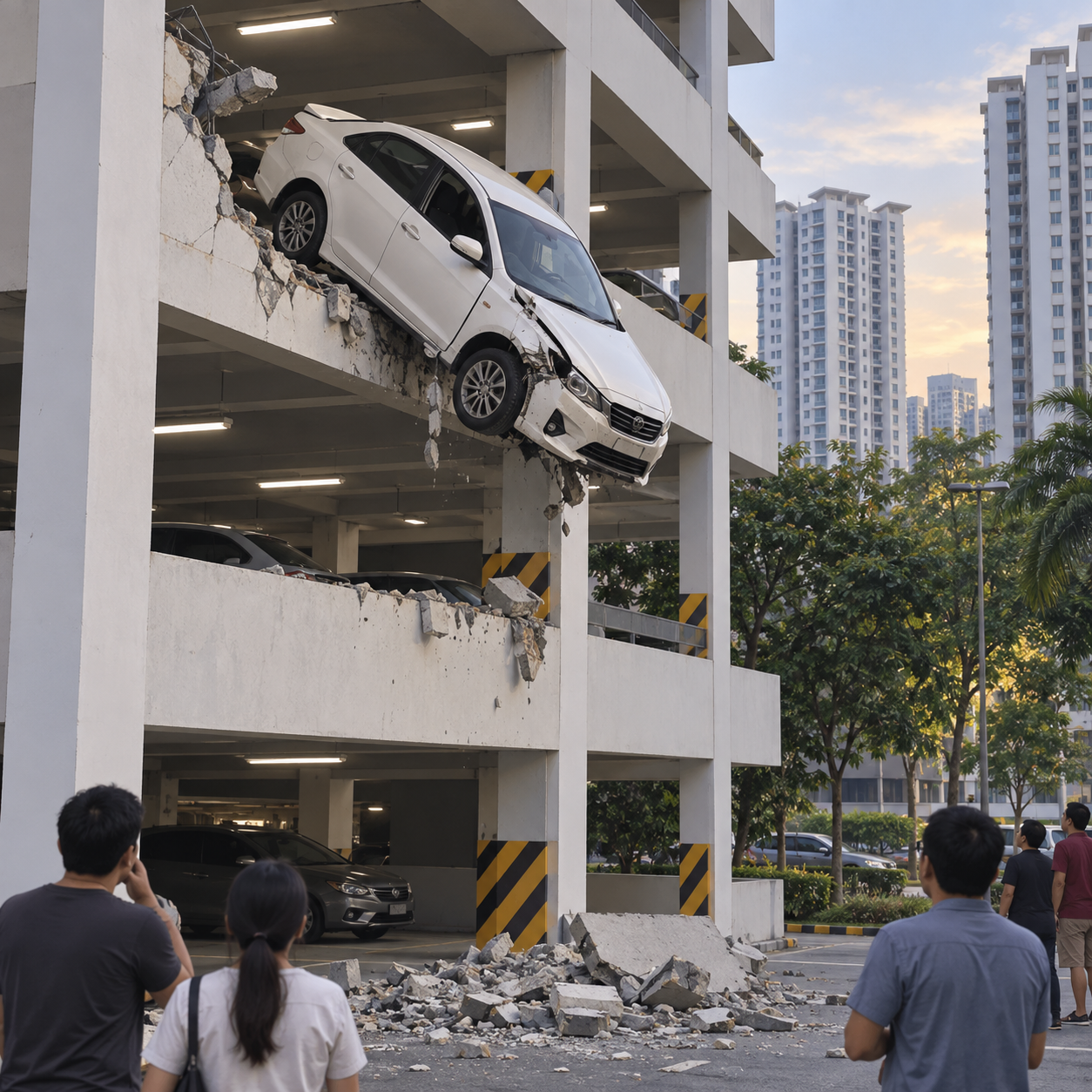 马来西亚安邦一辆轿车撞穿停车场墙壁，从二楼坠落
