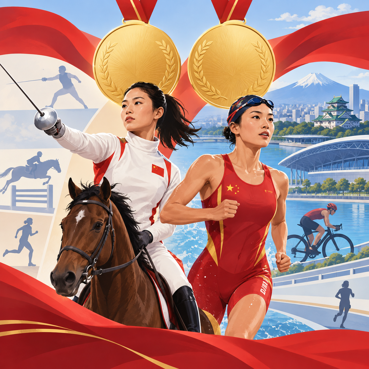 中国现代五项和铁人三项女队夺得亚运会代表团首两金