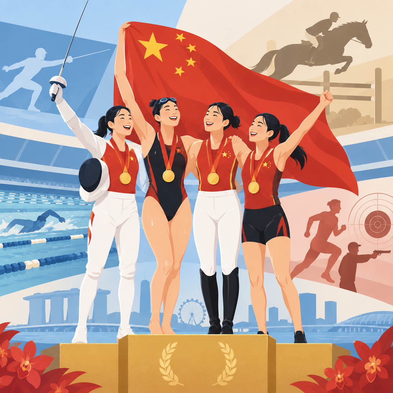 中国现代五项女团夺得亚运会首金