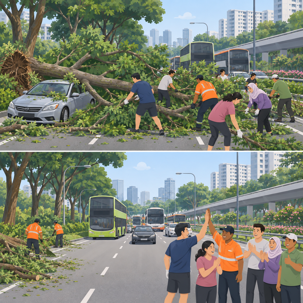 麦弗逊路大树倒塌挡道，公众合力清理路面
