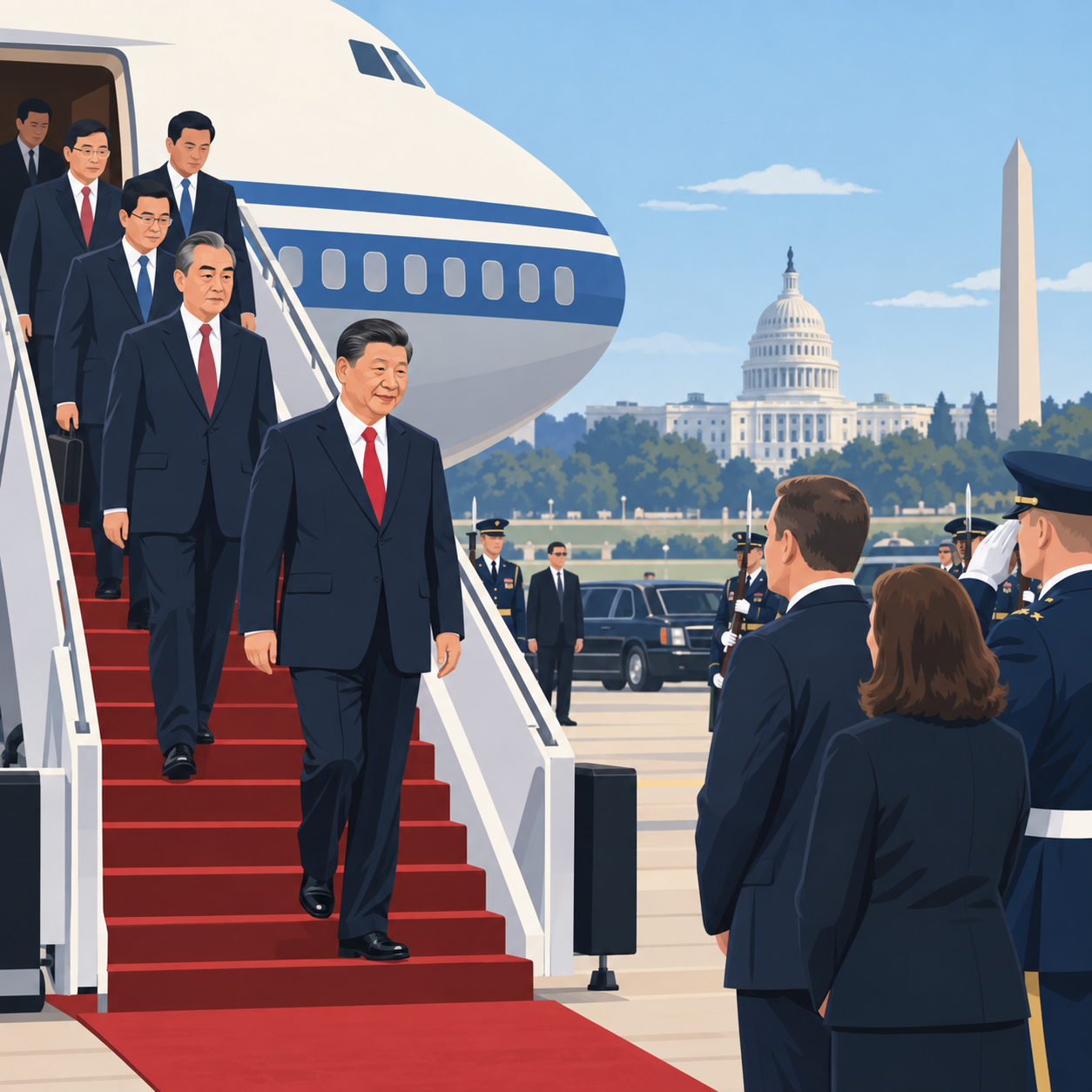 习近平抵达美国展开国事访问 蔡奇王毅等官员随行