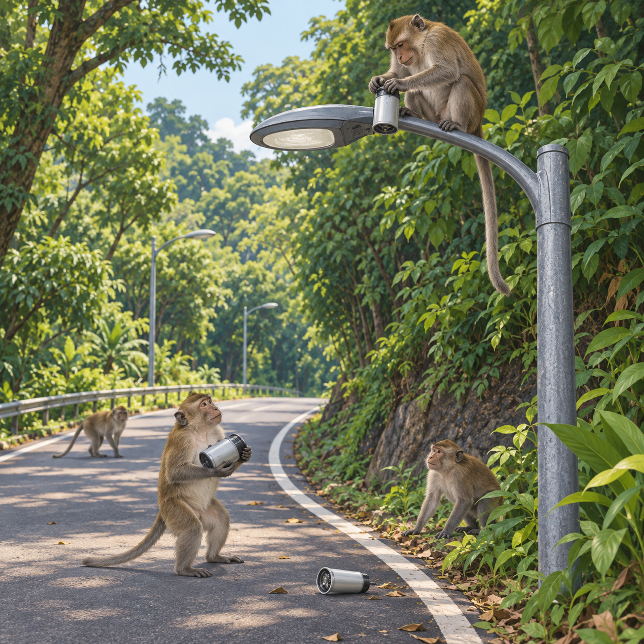 长尾猕猴“检修”旧汤申路路灯，拆下零件带走