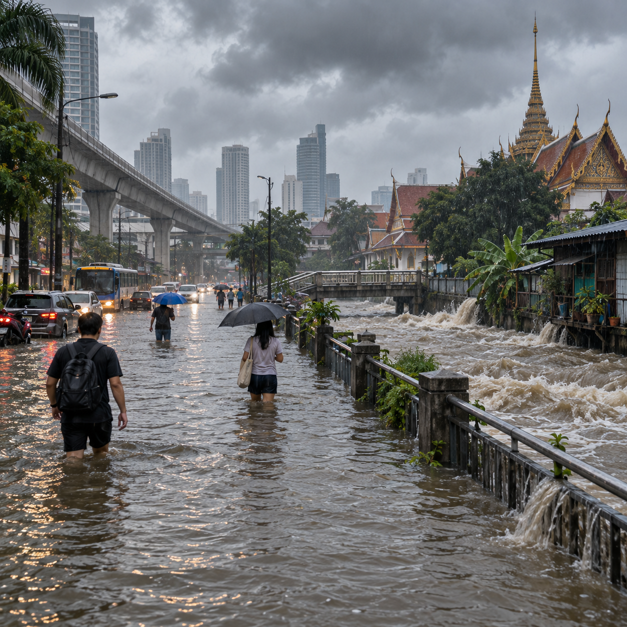 曼谷暴雨成灾：运河水满道路被淹