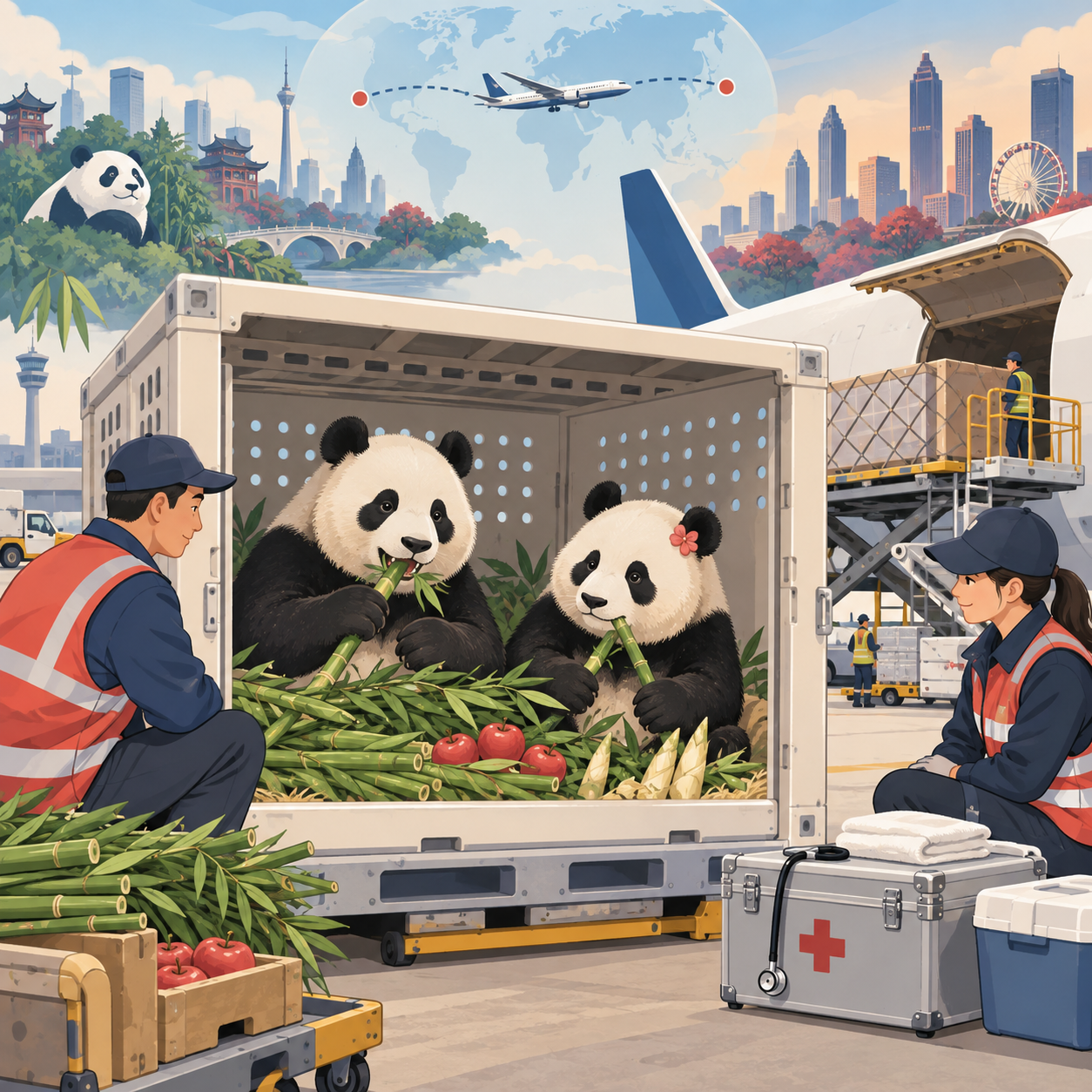 习特会结束后 中国两只大熊猫启程赴美