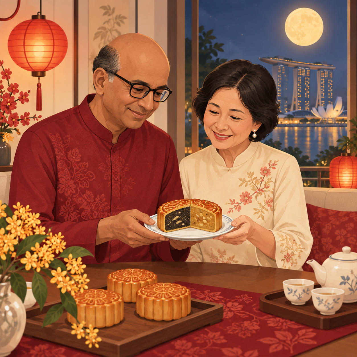 尚达曼总统夫妇分享中秋节最爱月饼，称赞传统潮州月饼