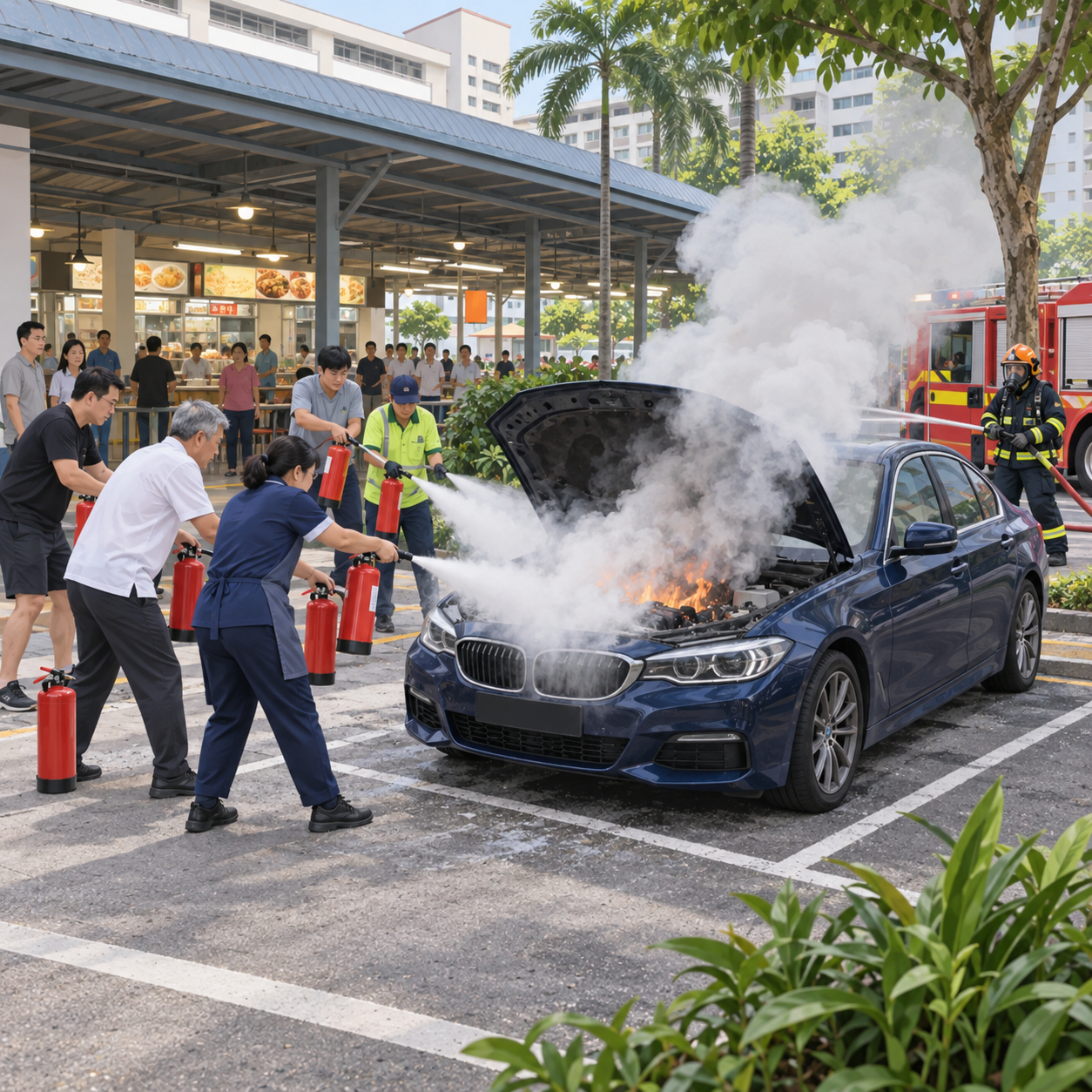 宝马轿车引擎起火 清洁工取11个灭火器协助扑救