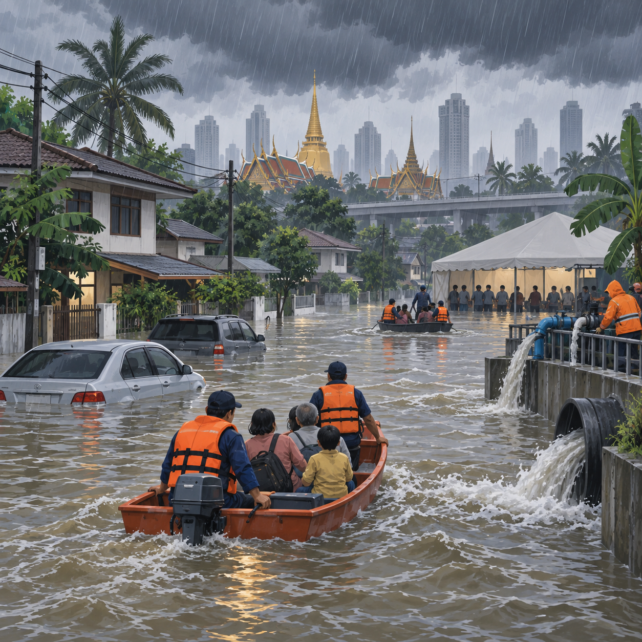 曼谷暴雨洪水持续 近4900人撤离避难