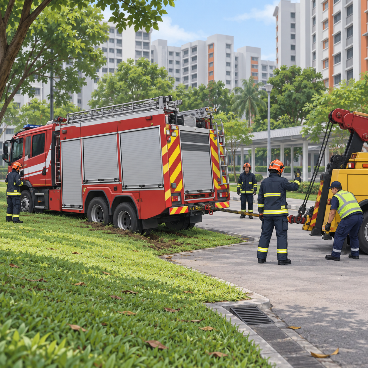 新加坡民防部队消防车在盛港组屋附近陷入草地