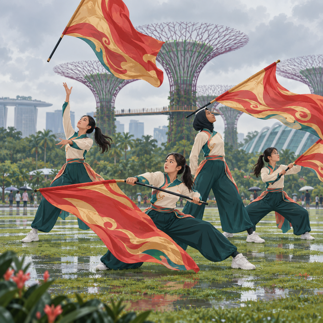 四名中三女生滨海湾花园耍大旗竞技