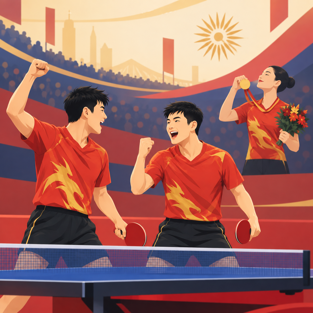 中国包揽亚运乒乓男双、女单金牌
