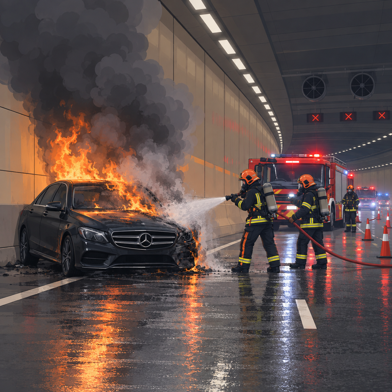 Mercedes轿车在Sime隧道起火 道路一度关闭