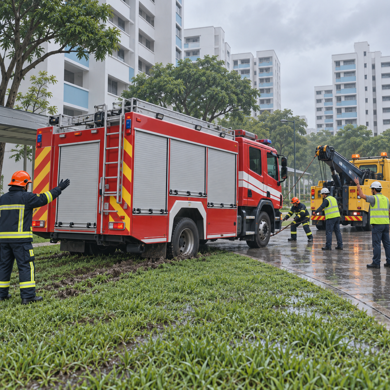 新加坡民防部队消防车陷入湿草地，花费一段时间脱困
