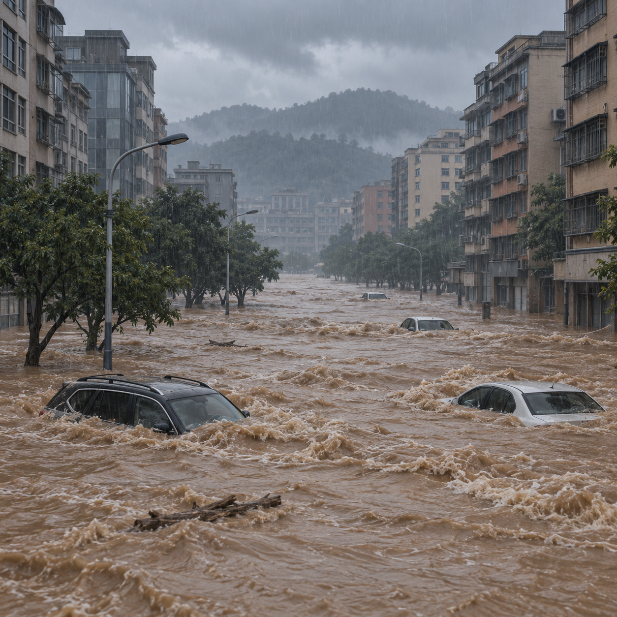 秋雨连绵 四川达州洪水淹没建筑间道路