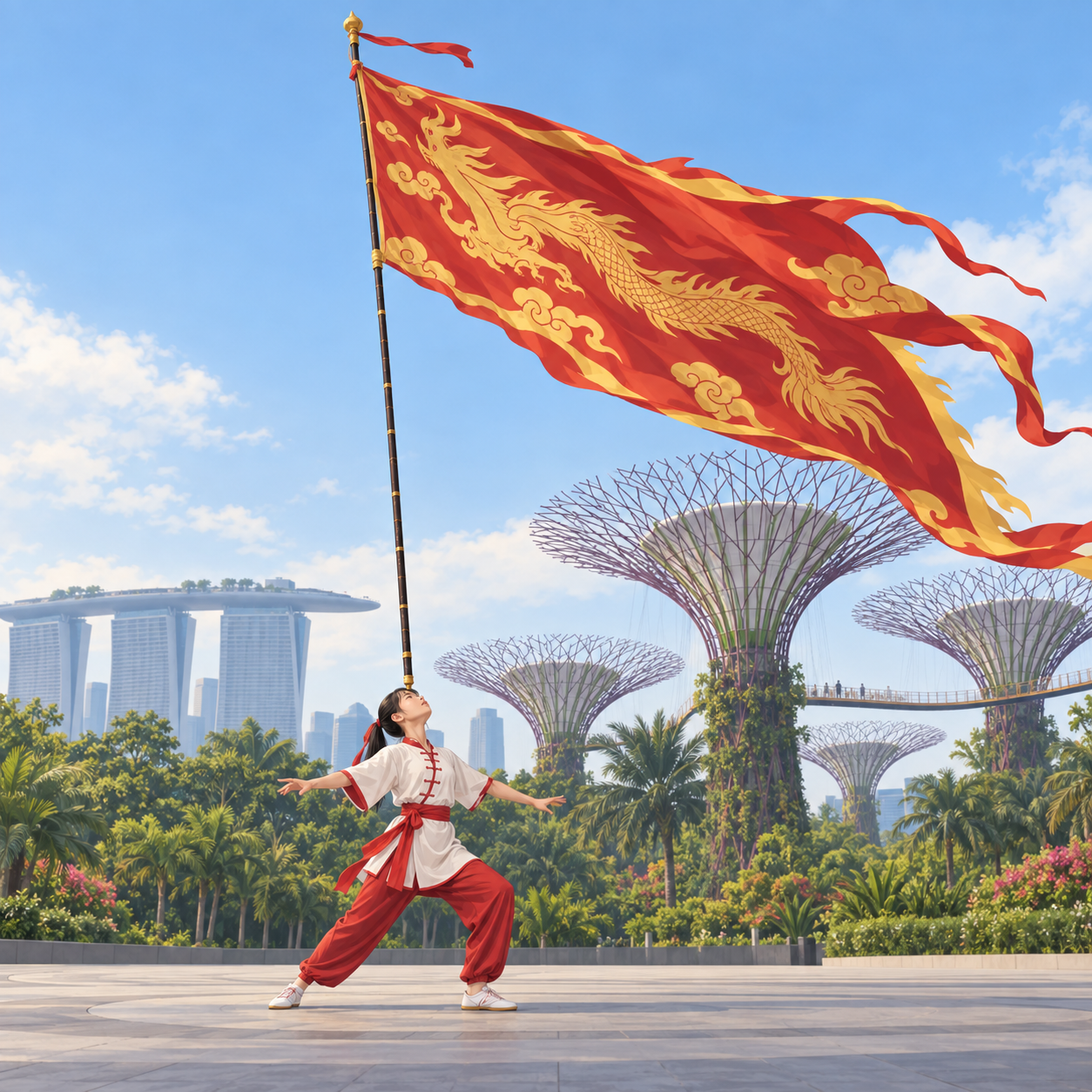 8.5米大旗顶额挑战　15岁少女参与滨海湾花园耍大旗竞技