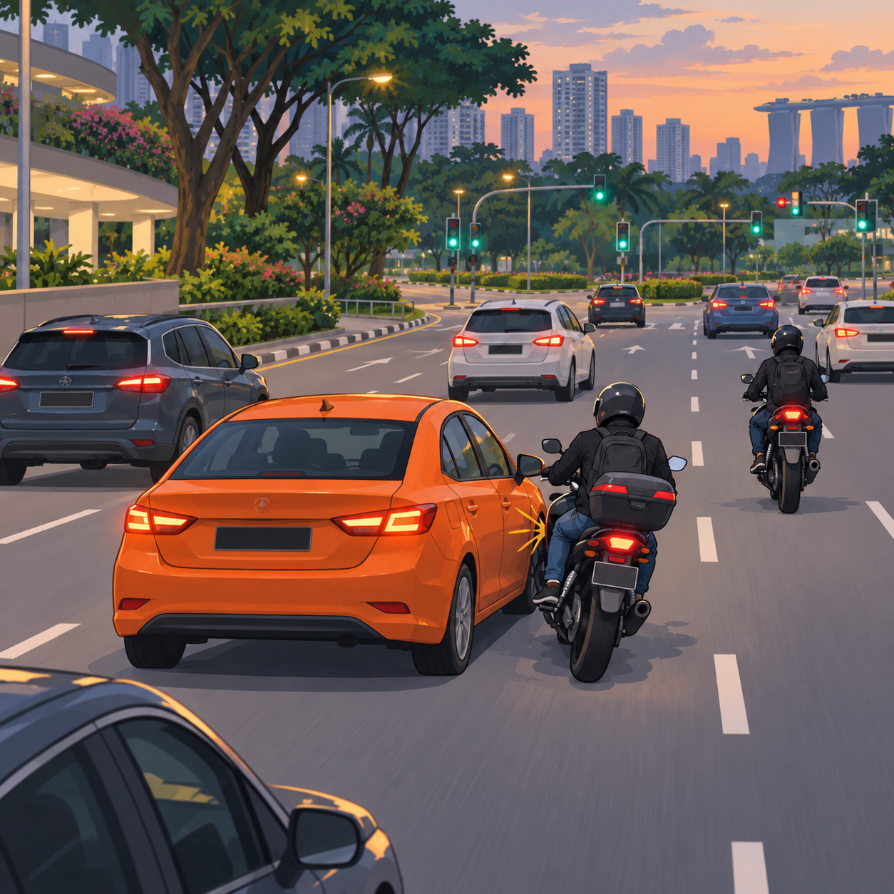 Dunearn路轿车突然变道，擦撞摩托车