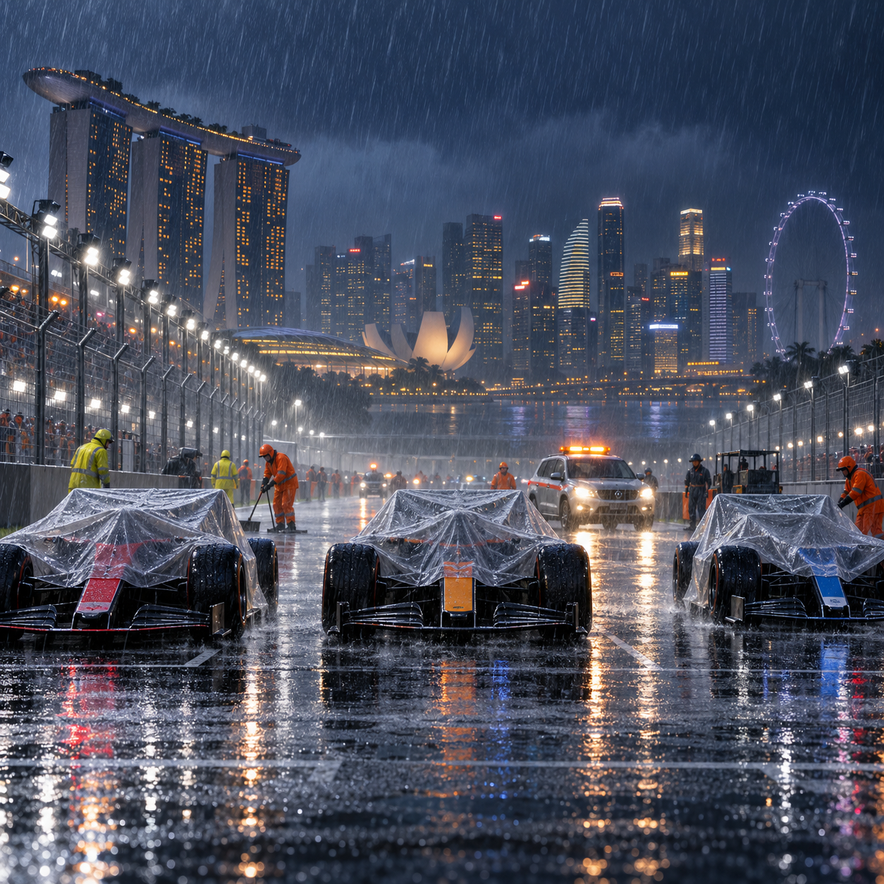 突降大雨，新加坡首届F1冲刺赛延迟半小时