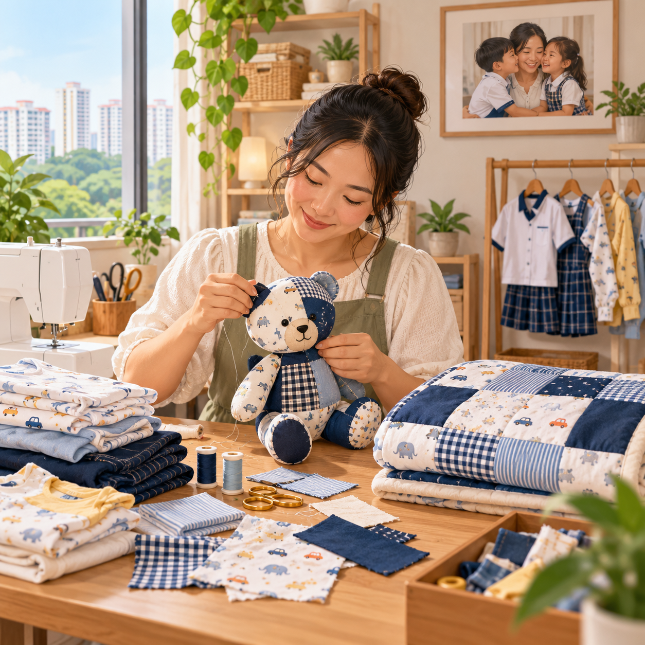 她把孩子的旧衣服做成纪念品，家庭生意逐渐兴旺