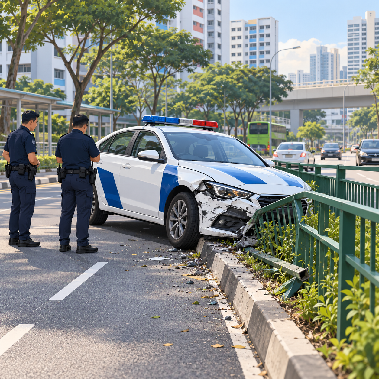 警车在芽笼峇鲁路撞上中央隔离栏，31岁警员协助调查