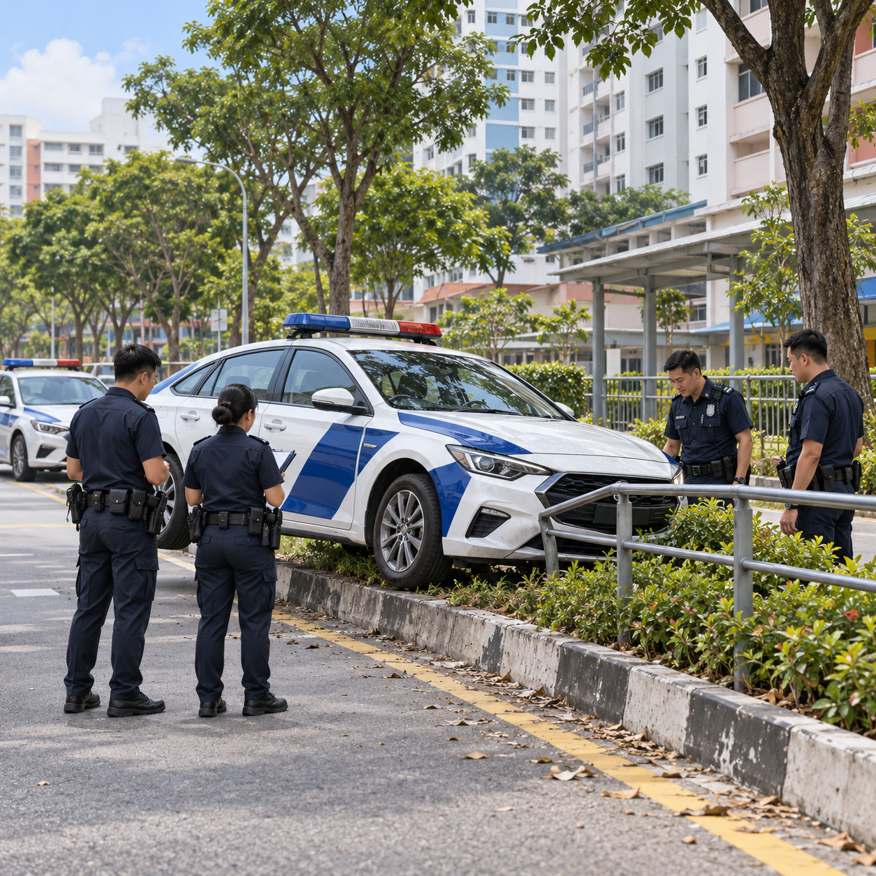 芽笼峇鲁警车冲上路中隔离带，警员协助调查