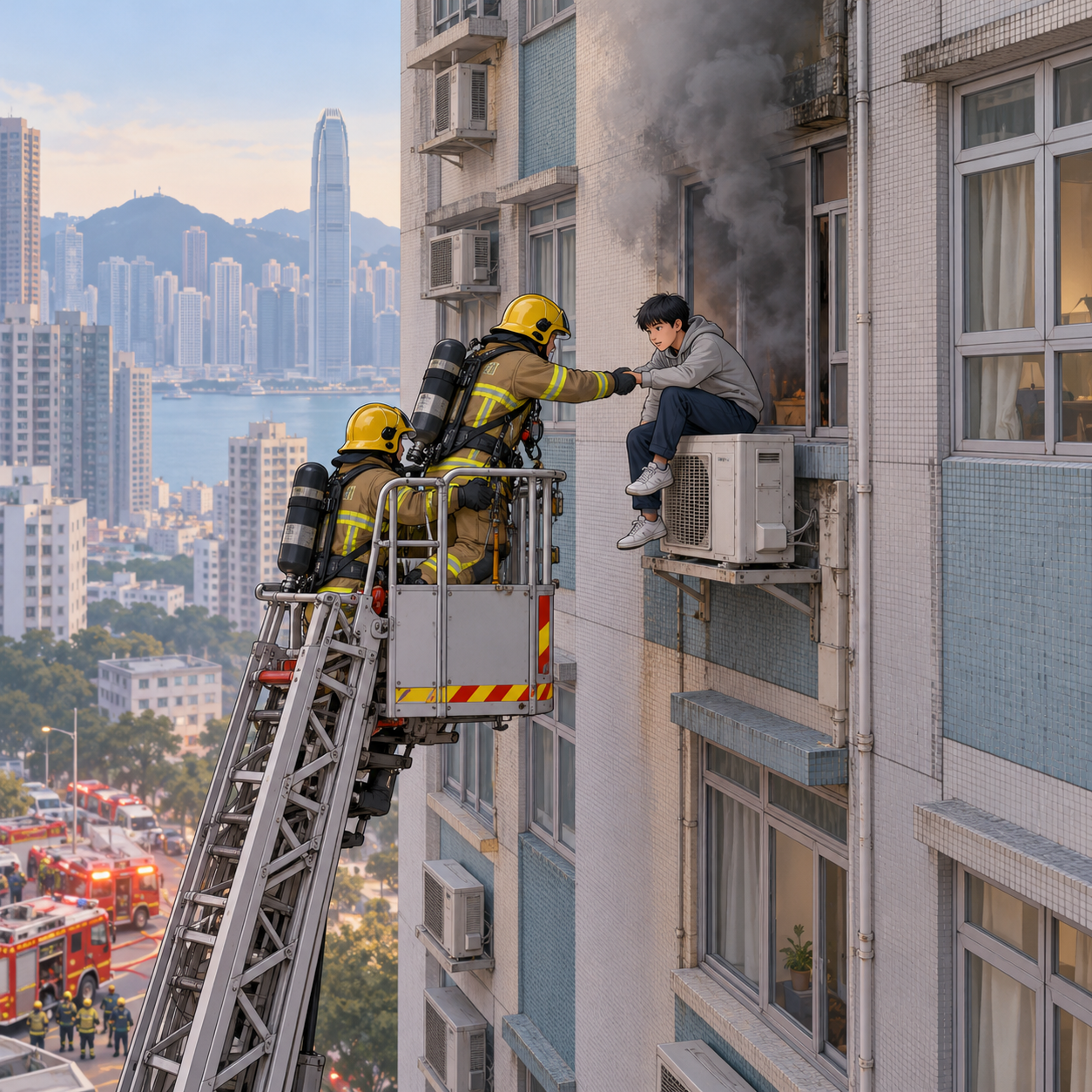 香港一场住宅火灾中，13岁男孩爬上室外空调机获救
